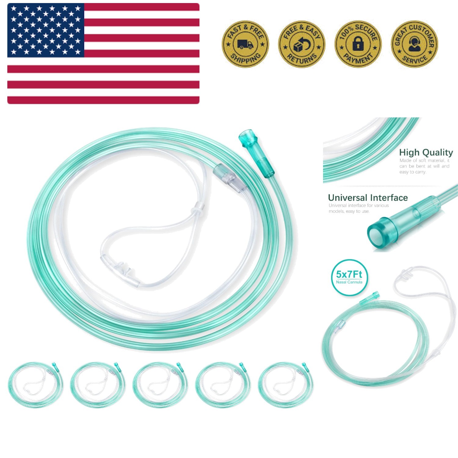 Standard Oxygen Nasal Cannula for Adult - 7 ft, Soft Material, Kink Resistant...