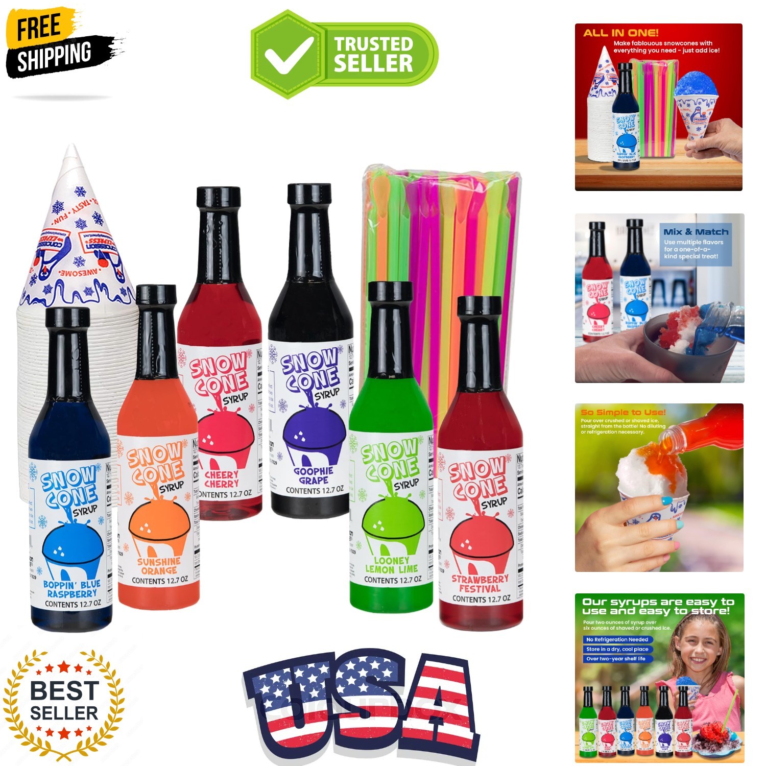 12.7oz Snow Cone Syrups 6 Pack w/Cups and Straws