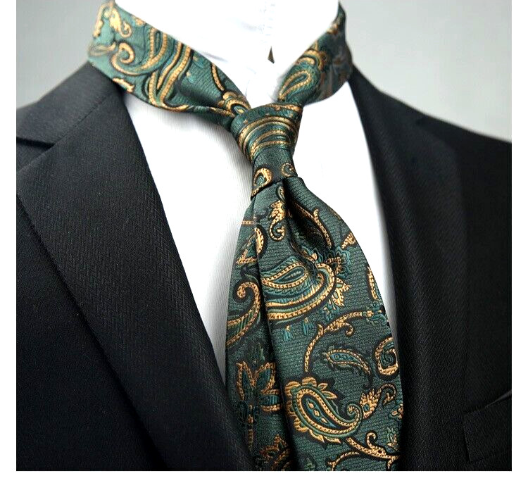 New Classic Paisley Green Gold JACQUARD WOVEN 100% Silk Men's Necktie Tie