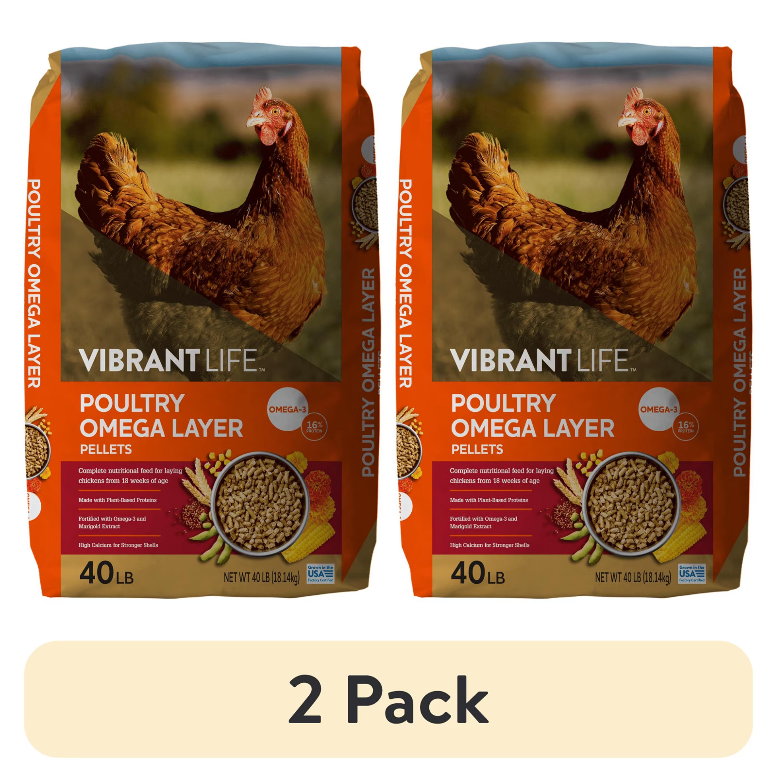 (2 pack) Vibrant Life Poultry Omega Layer Pellets, 40 lb Bag..