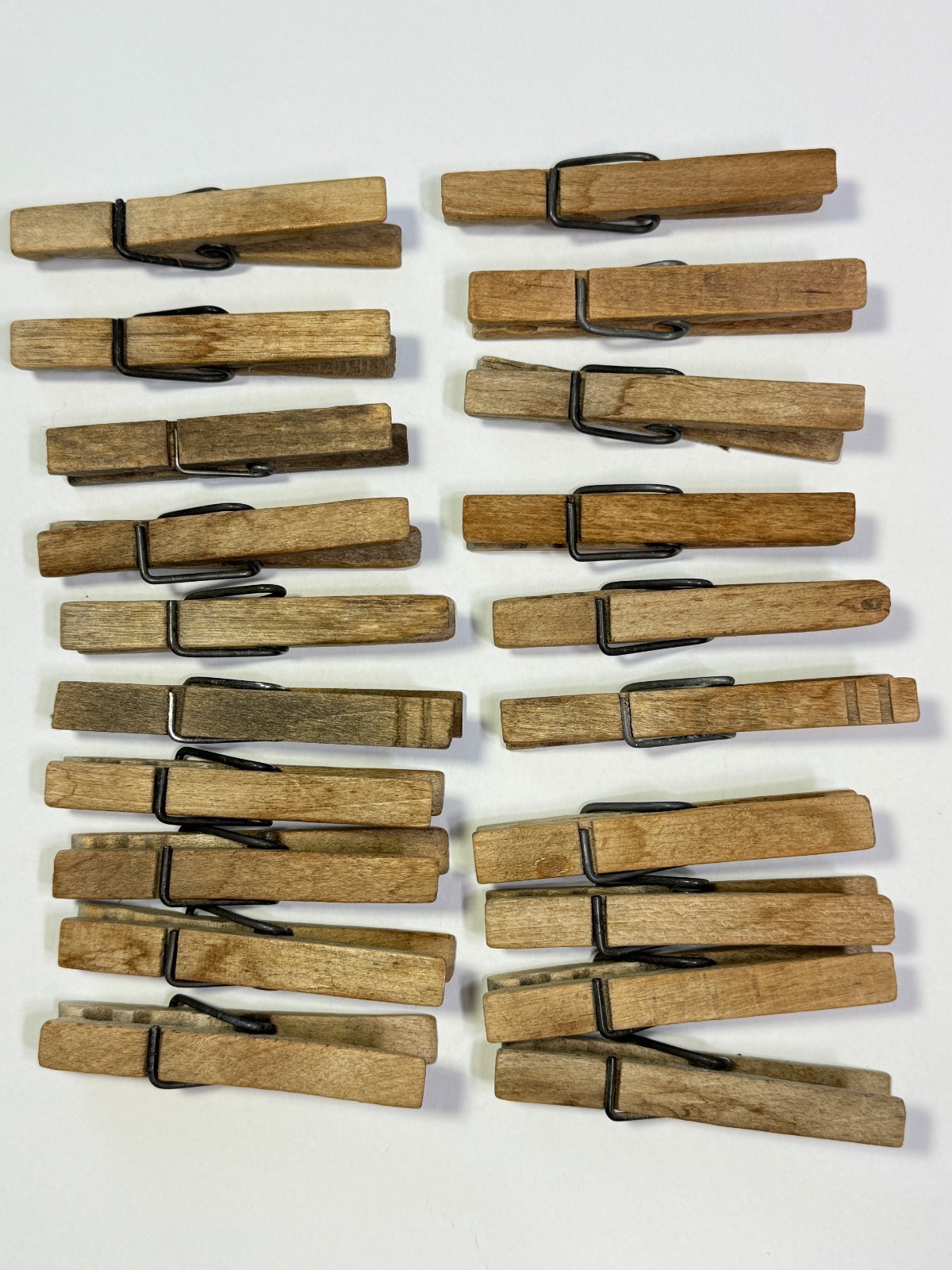 20 Vintage Wooden Clothes Pins Spring Loaded Weathered Crafts Flat Sided