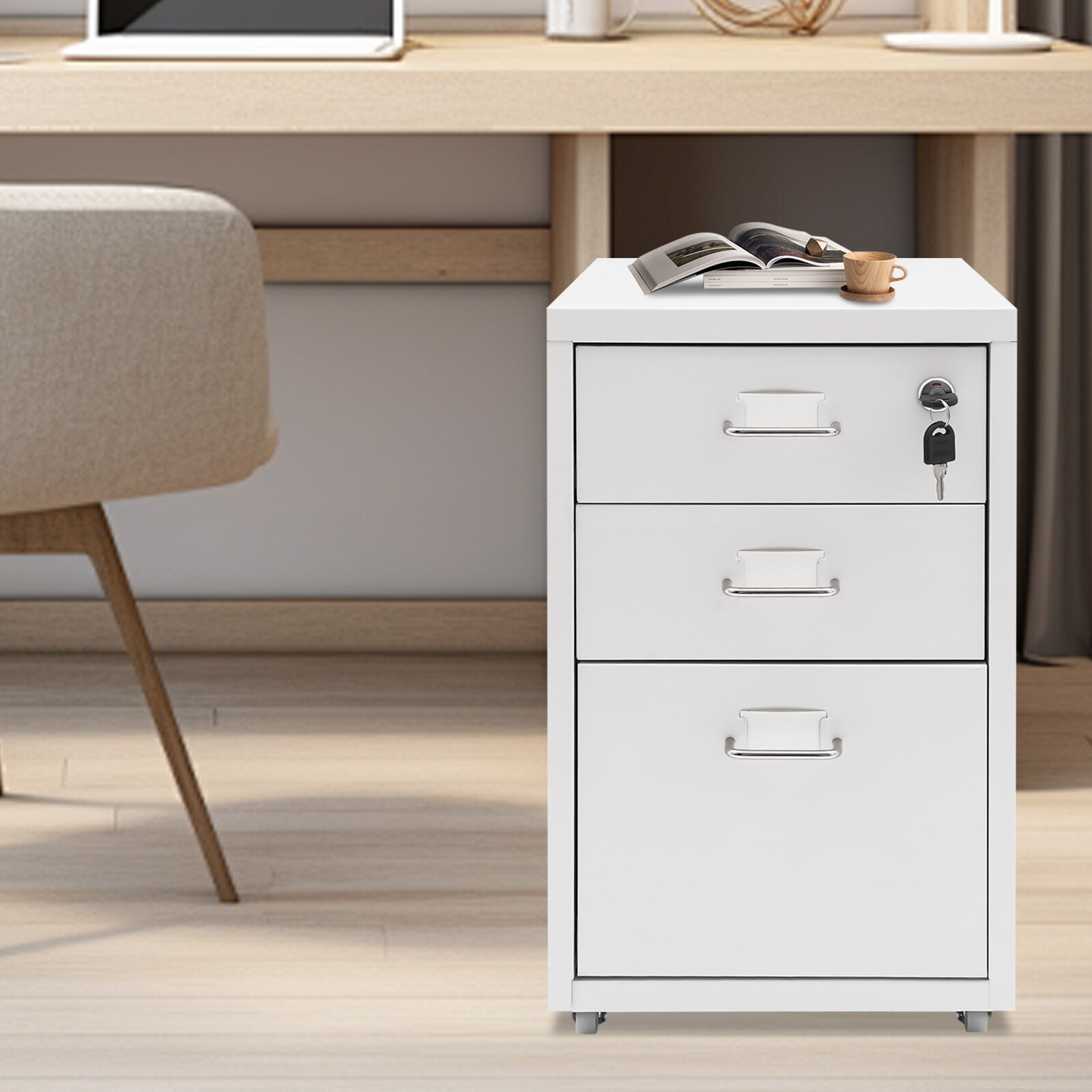 Vertical File Cabinet, Metal Mobile File Cabinet with Lock Filing Cabinet 3-Tier