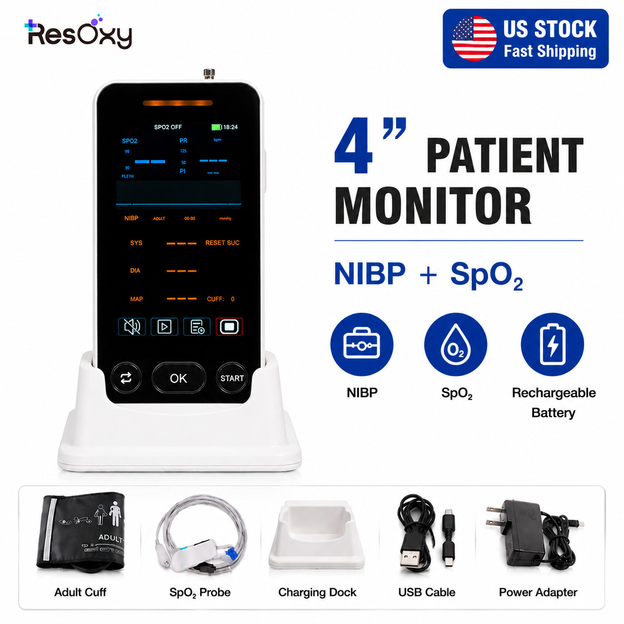 Portable 4" Patient Monitor NIBP SpO₂ Vital Signs Monitor Rechargeable US Stock