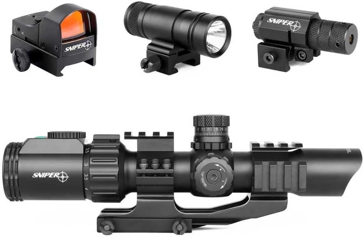 Sniper Rifle Scope 1-4X28 LPVO Scope with Laser Sight Red Dot Flashlight Combo