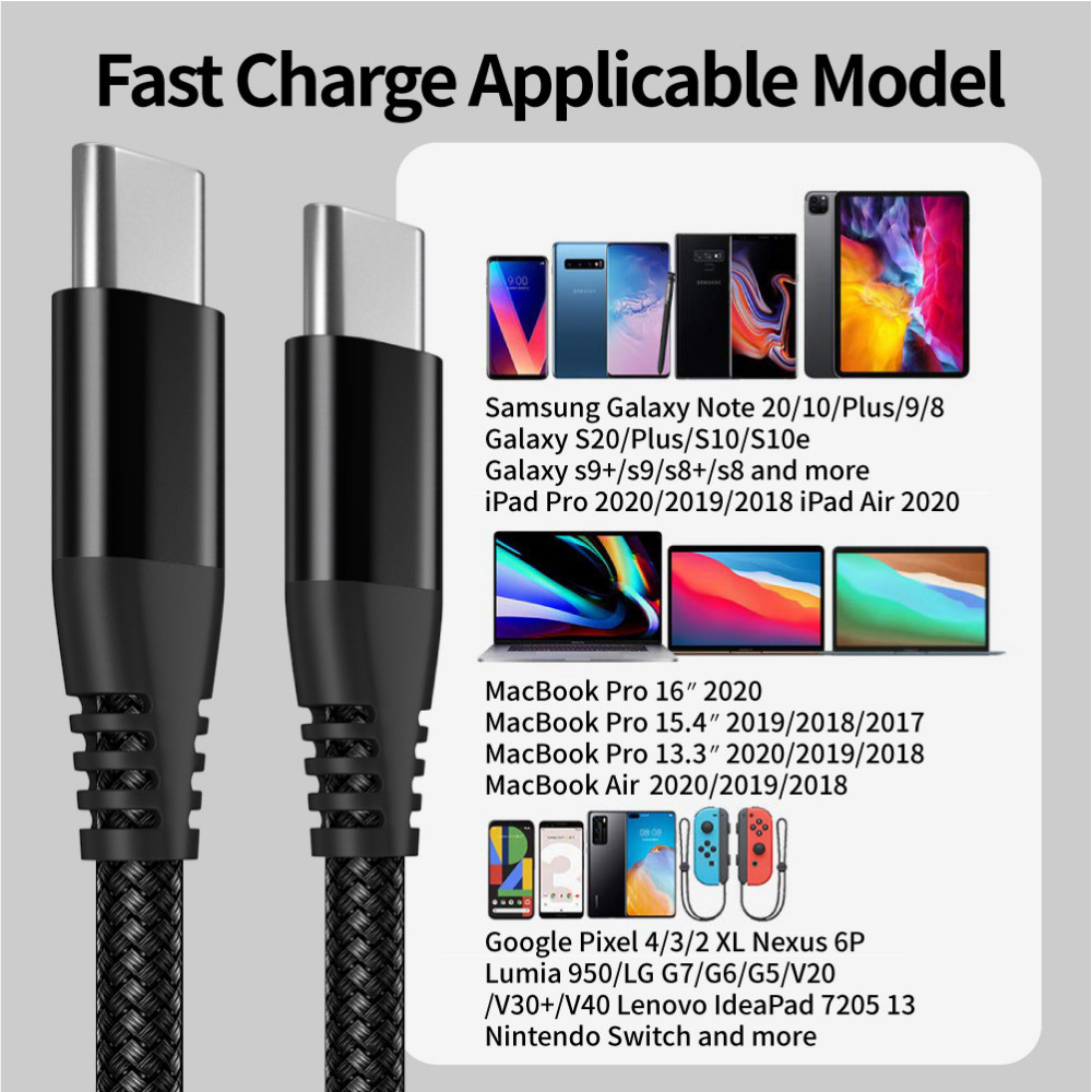 10FT Long USB-C to USB-C Type C Fast Charging Cable PD For Samsung MacBook iPad