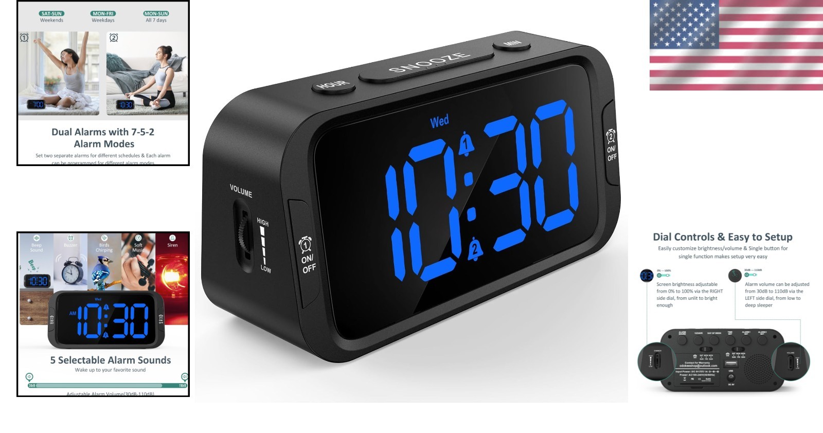 Elegant Dual Alarm Clock with USB Charging & Adjustable Brightness