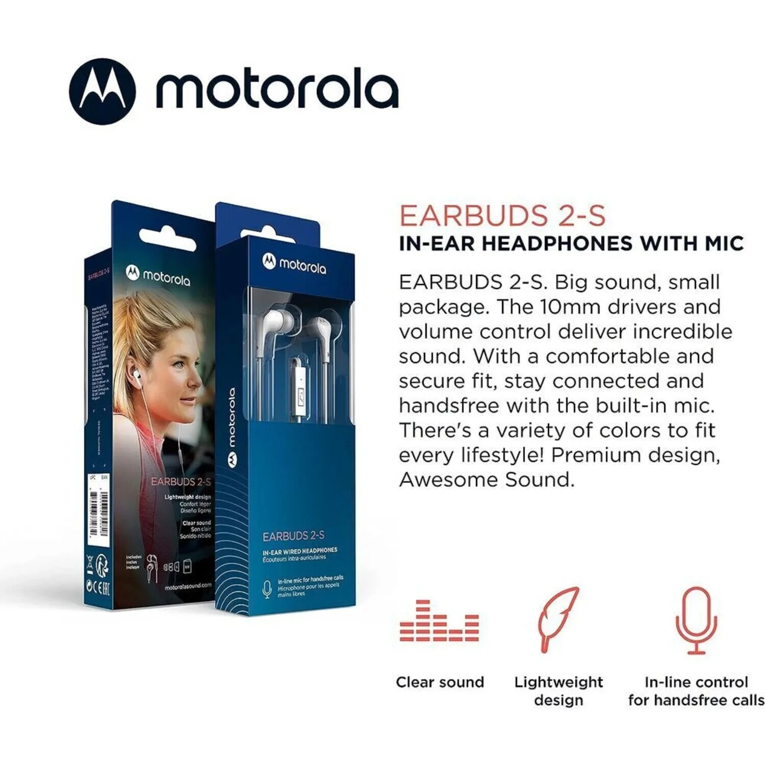 MOTOROLA EARBUD 2-S WHITE WIRED EARBUDS (earbud2swhite)new sealed, us specs.