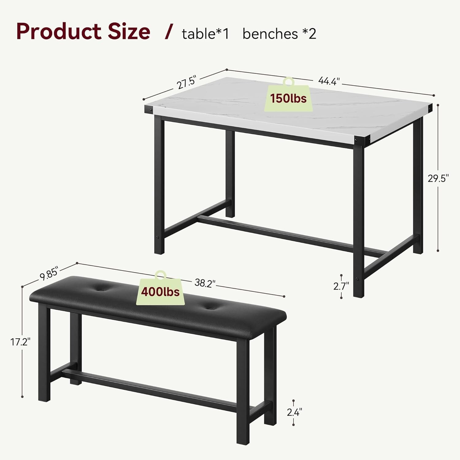 Dining Table Set for 4, Kitchen Table with 2 Upholstered Benches Apartment
