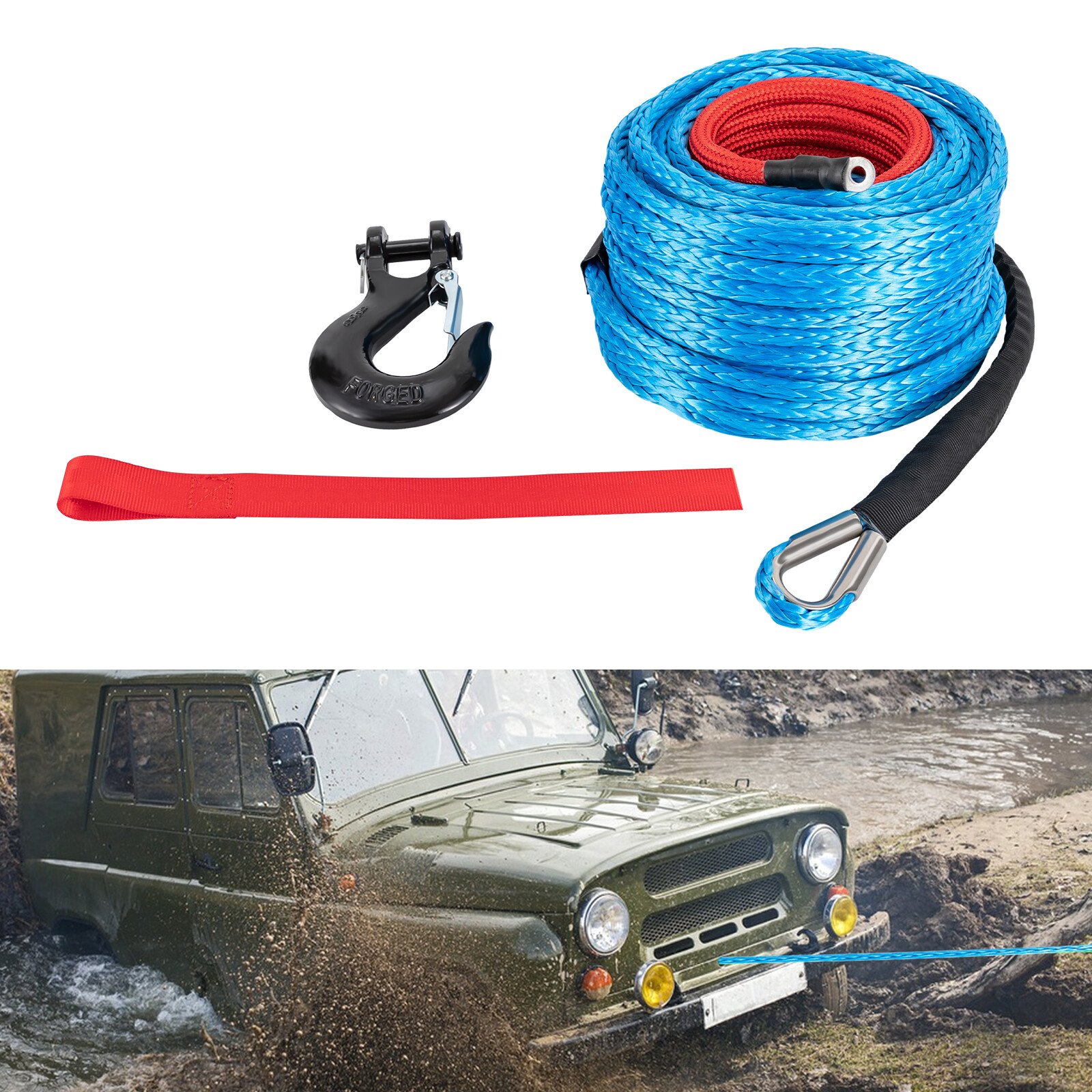 3/8x100' Synthetic Winch Rope w/ Hook Winch Cable w/Protective Sleeve New