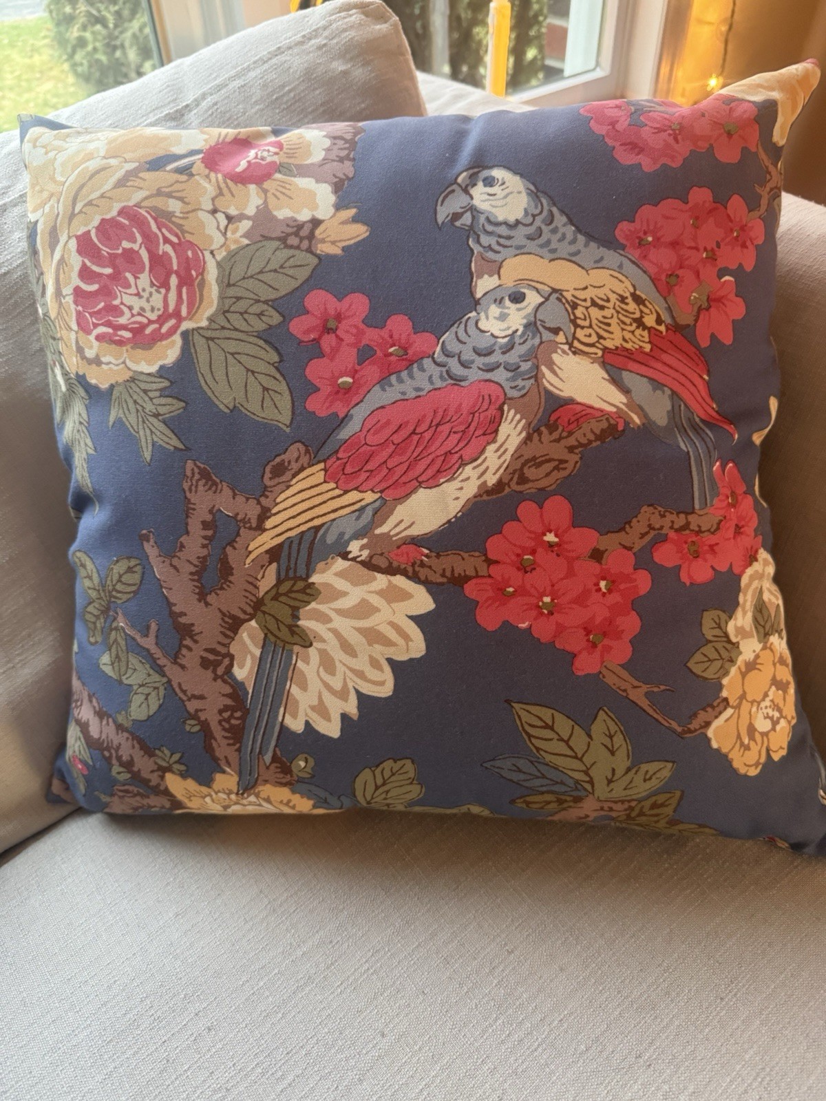 2 Pottery Barn Rockbird Indigo Pillow Colorful Birds & Florals 20”X20”
