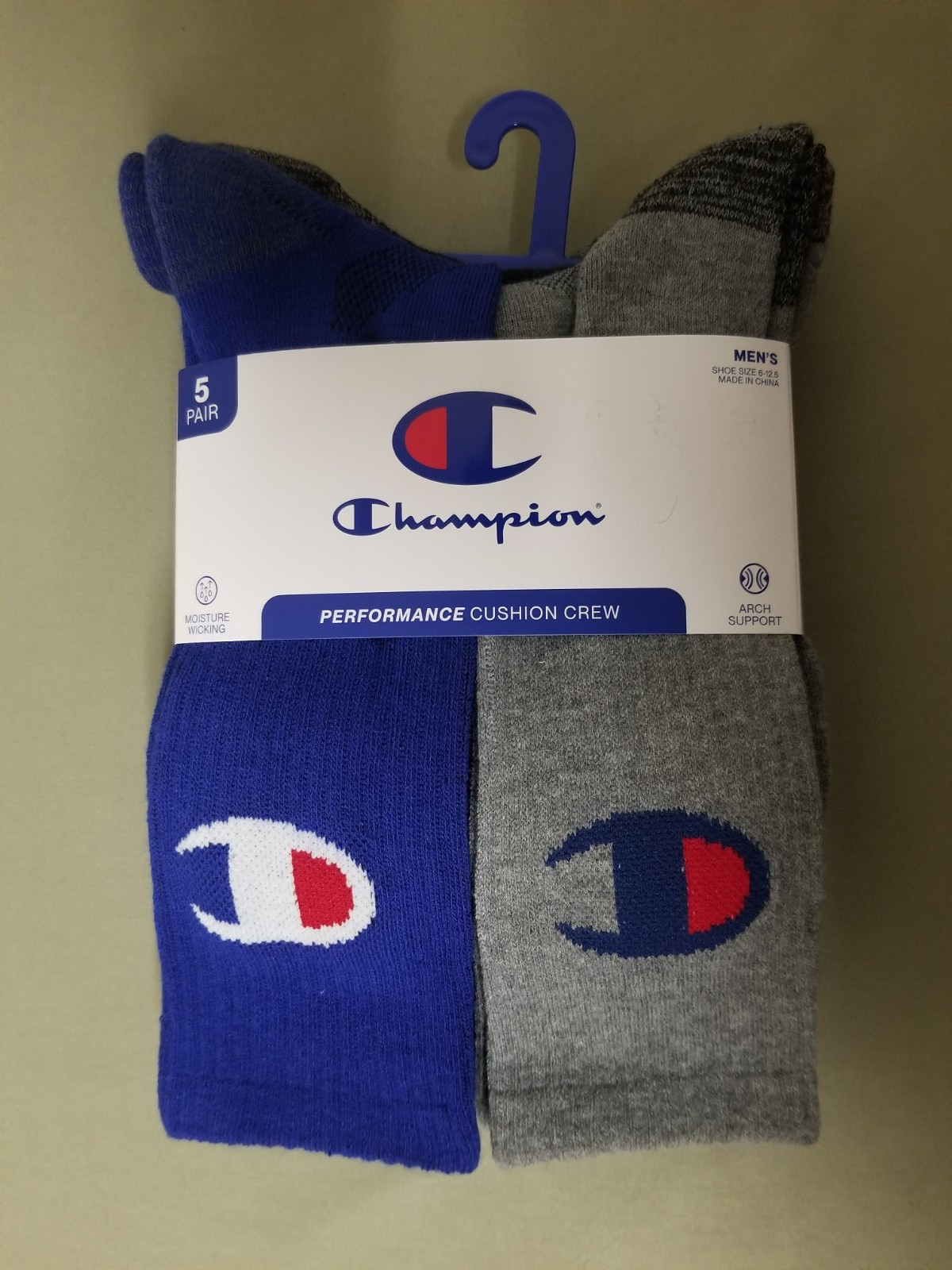 New Champion Mens 5 Pair  Multi Color Athletic Crew Socks.