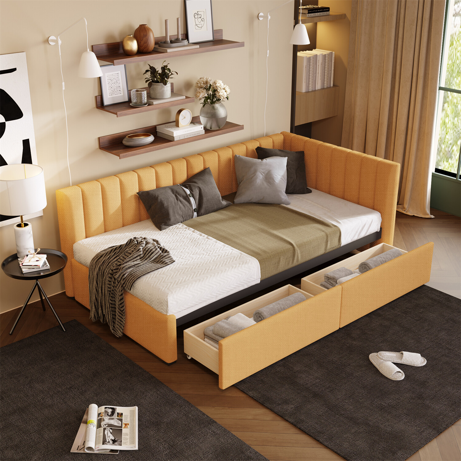 Twin Size Daybed w/ 2 Drawer Upholstered Bed Frame Sofa Bed with Storage