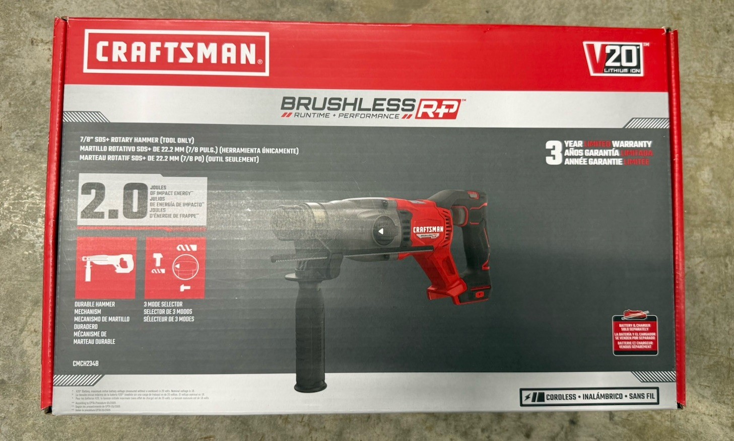 CRAFTSMAN V20* Brushless RP™ 7/8" SDS+ Rotary Hammer CMCH234B (Tool Only)
