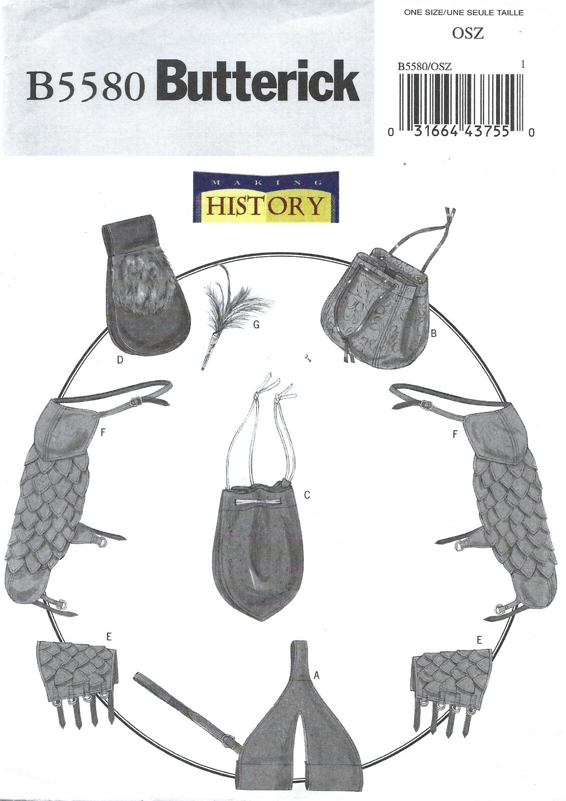 Butterick B5580 Sword Holder, Bags, Pouch, Bracers, Guards, Feather Pin ONE SIZE
