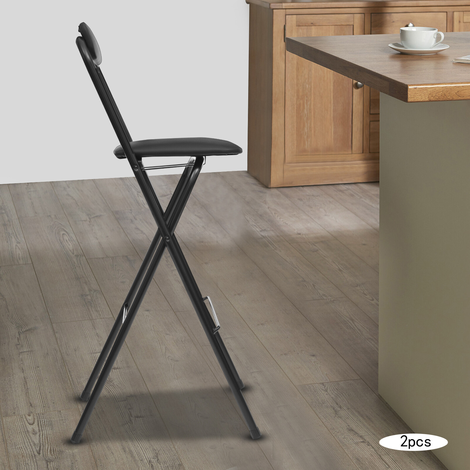 2Pcs Black Foldable Bar Chairs 29.53in PU Cushioned Tall Folding Stools