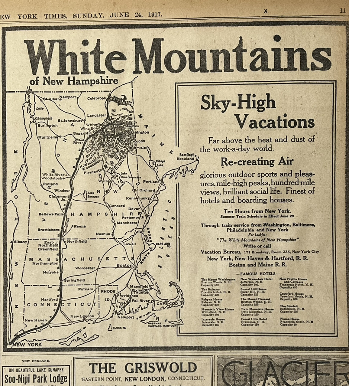 1917 BOSTON MAINE RAILROAD - WHITE MOUNTAINS TRAVEL NEWSPAPER AD 26.7x25.4cm NYT