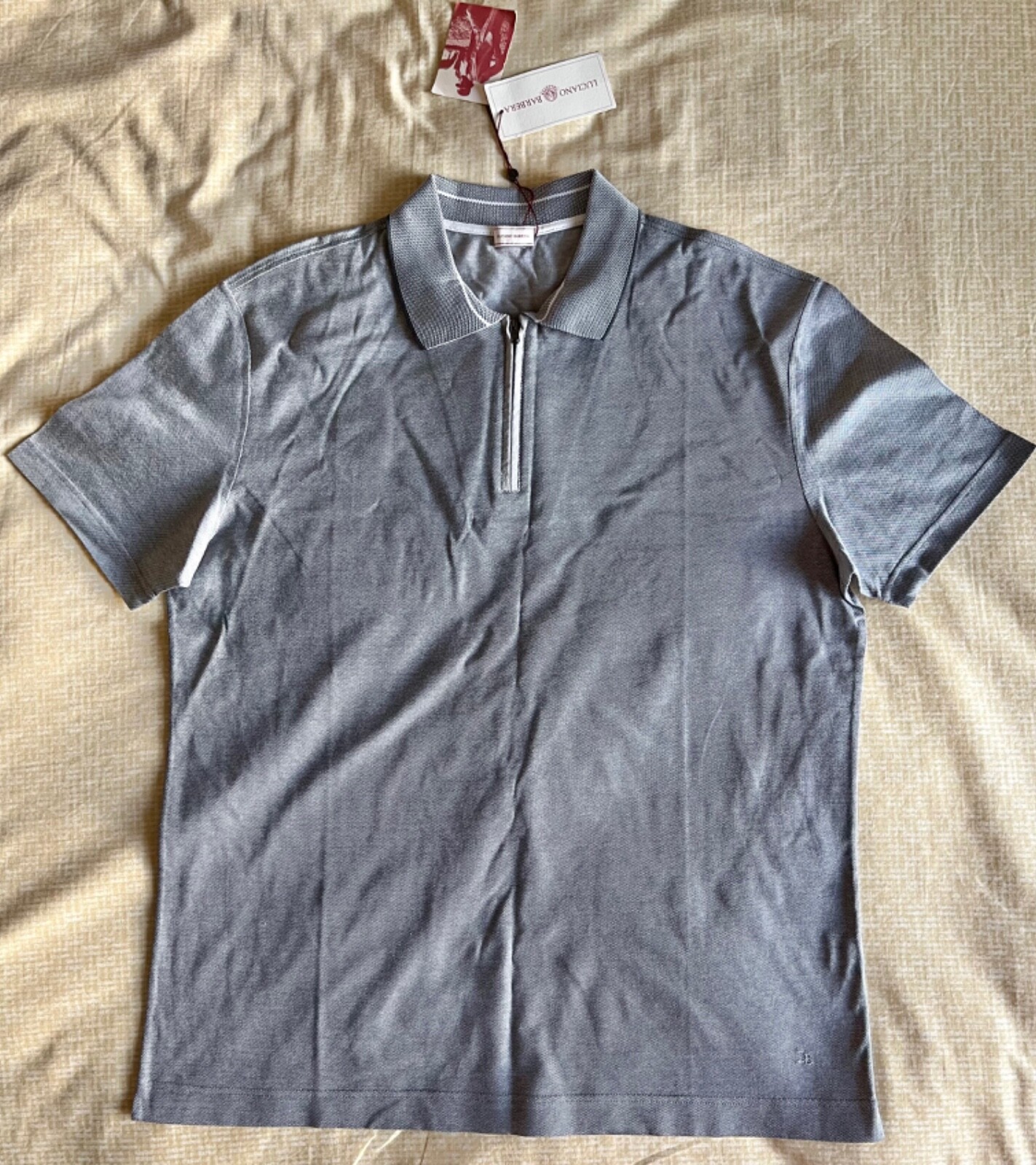 NWT LUCIANO BARBERA Men Grey Zip Neck Short Sleeve Polo Shirt Size XL Made ITALY