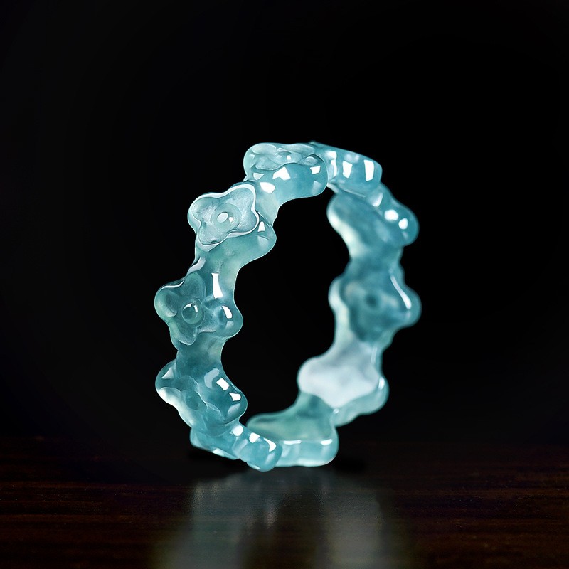 Certified natural jadeite A-grade blue water flower ring for women