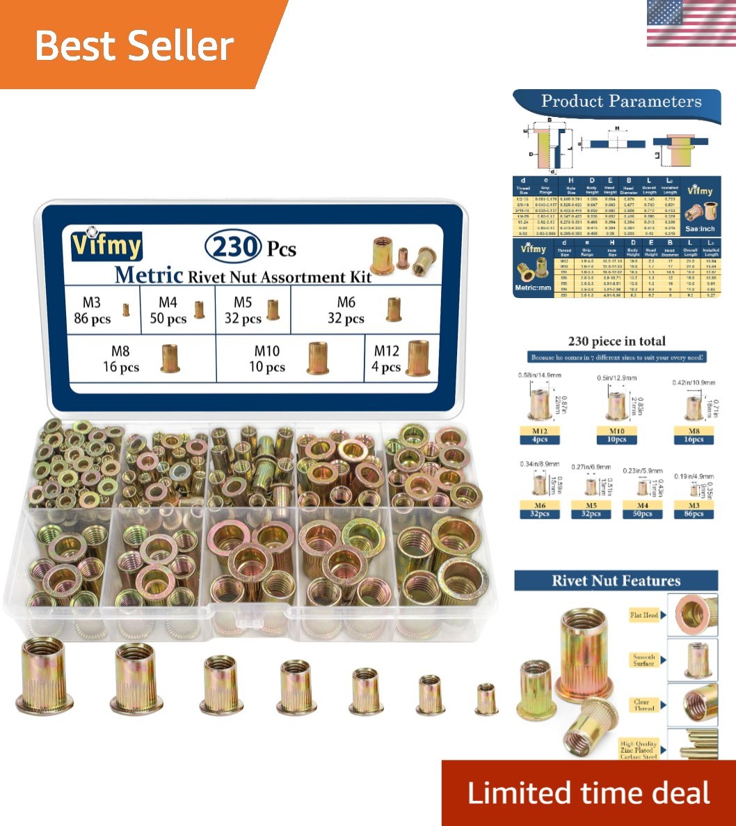 Professional Metric Rivet Nut Assortment: 230 Pcs with Easy Storage Case