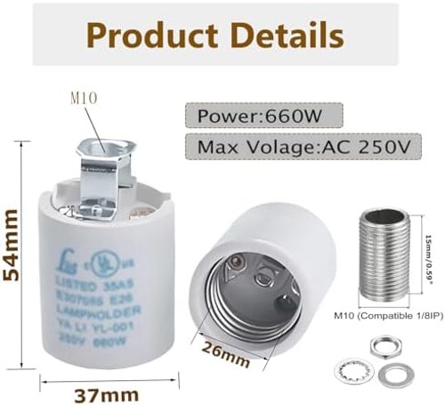 Keyless E26 Porcelain Socket,JNXQWE Ceramic Medium Base Screw Socket with Hic...
