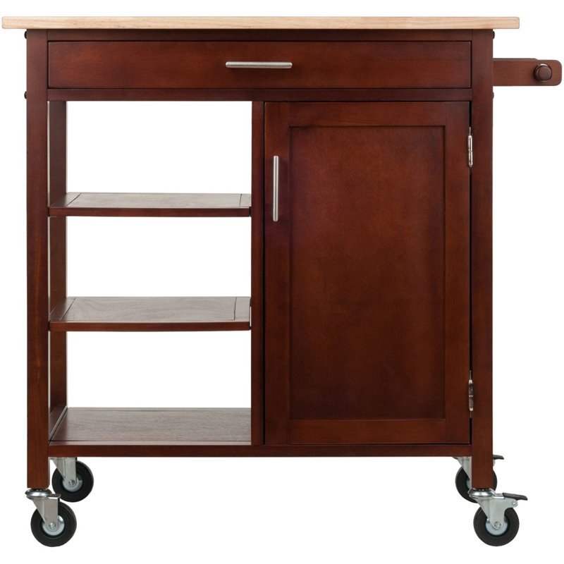 Pemberly Row 34.61"H Transitional Solid Wood Kitchen Cart in Walnut/Natural
