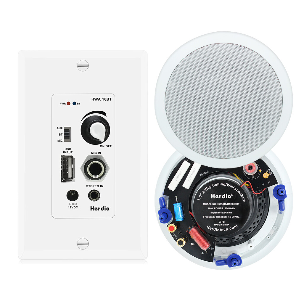 640W 6.5" Herdio Audio Wall Bluetooth Amplifier Receiver Kit+ 4 Ceiling Speakers