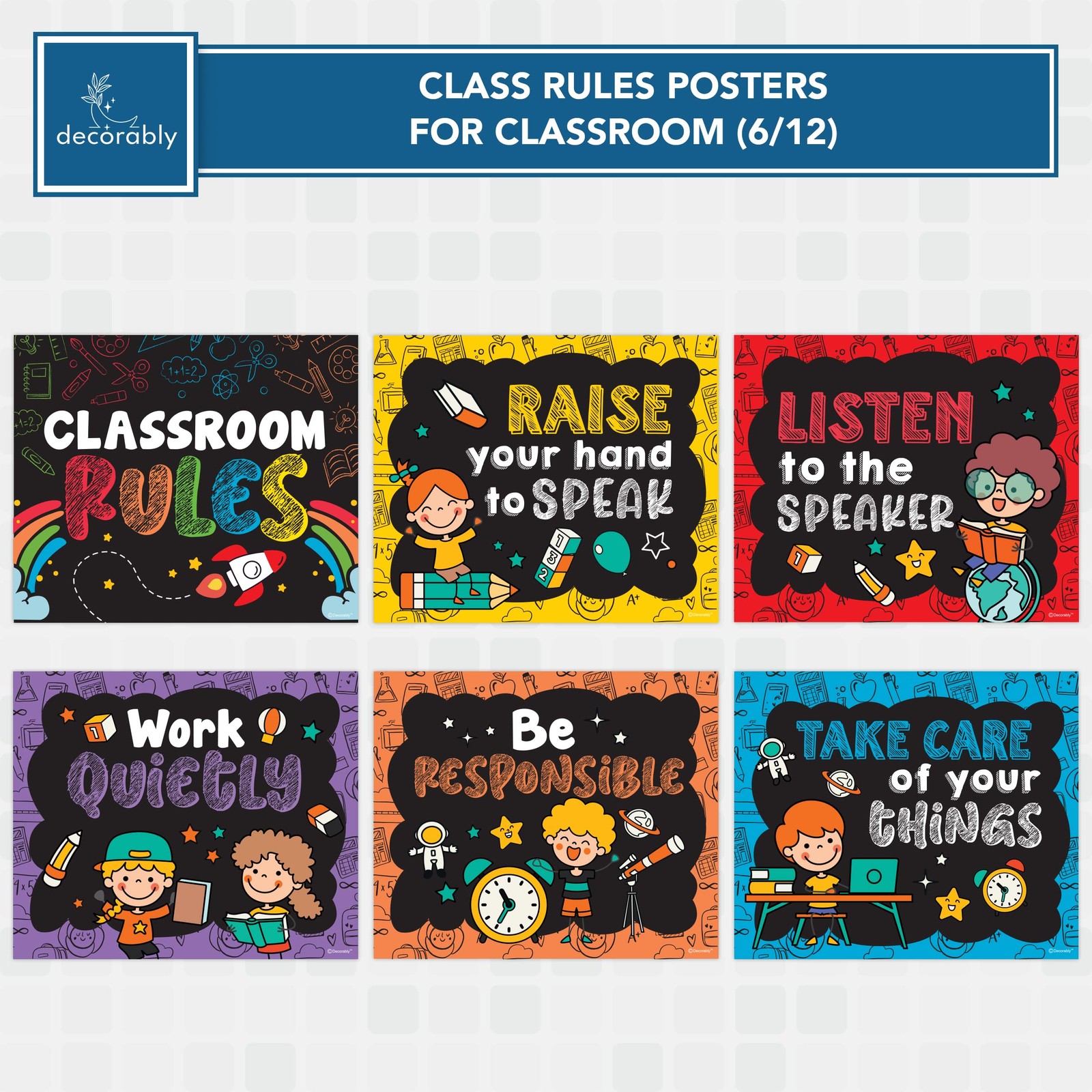 Decorably Hanging Class Rules Posters for Classroom - 12 Rules