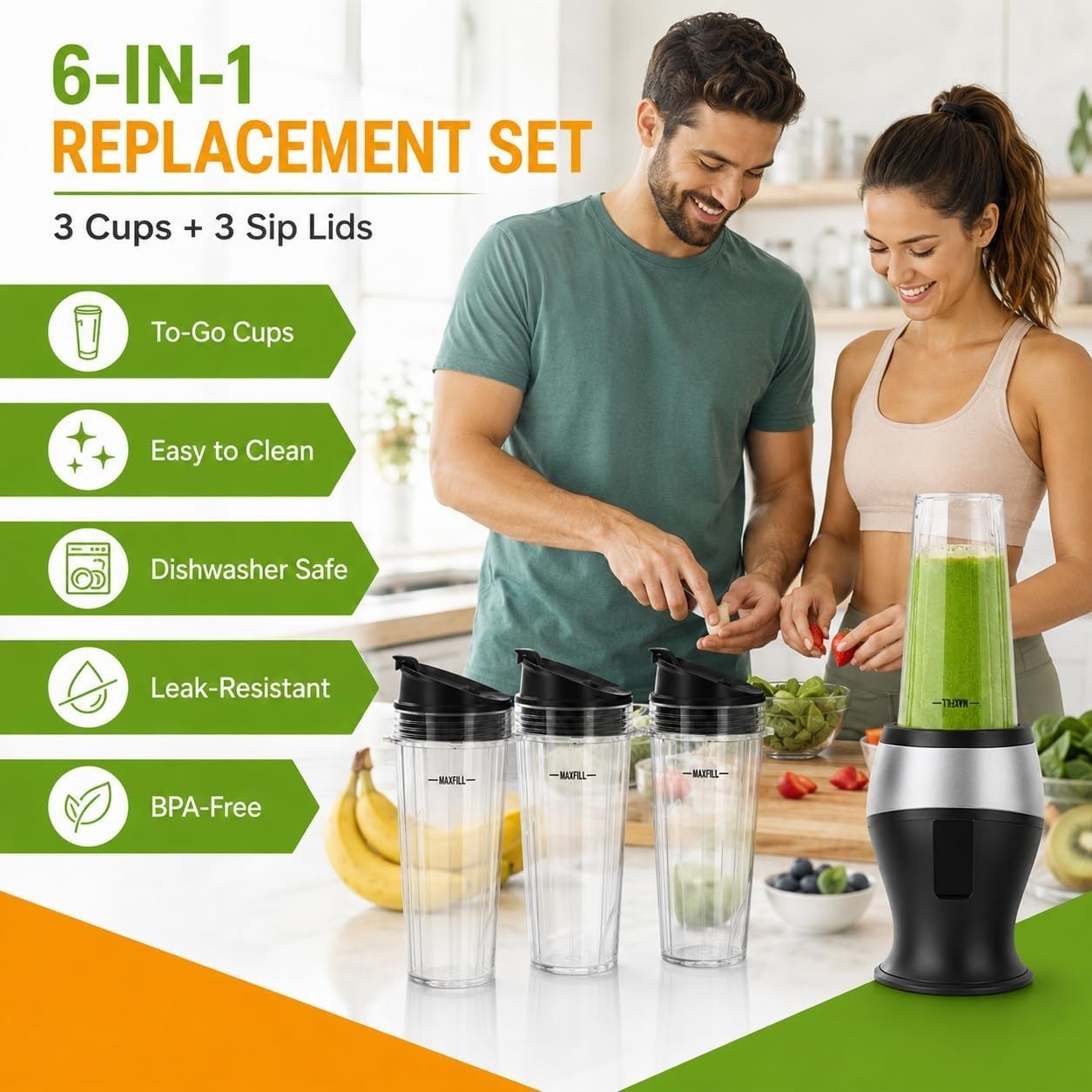 16 oz Ninja Blender Cups Replacement, 3 Pack Cups with Lids, Compatible with QB3