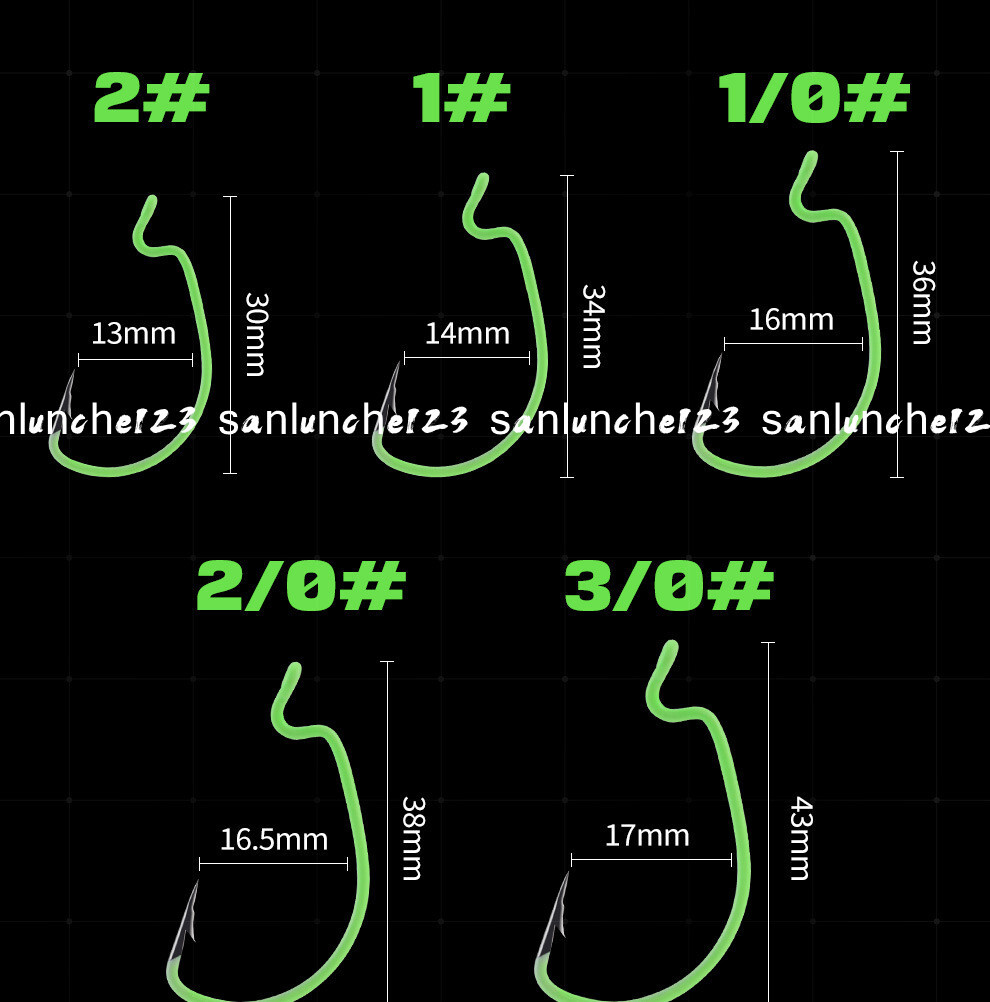 30PCS Luminous Wide Crank Hook Bass Barbed Carp Soft Lure Fishing Hook 2#-3/0#