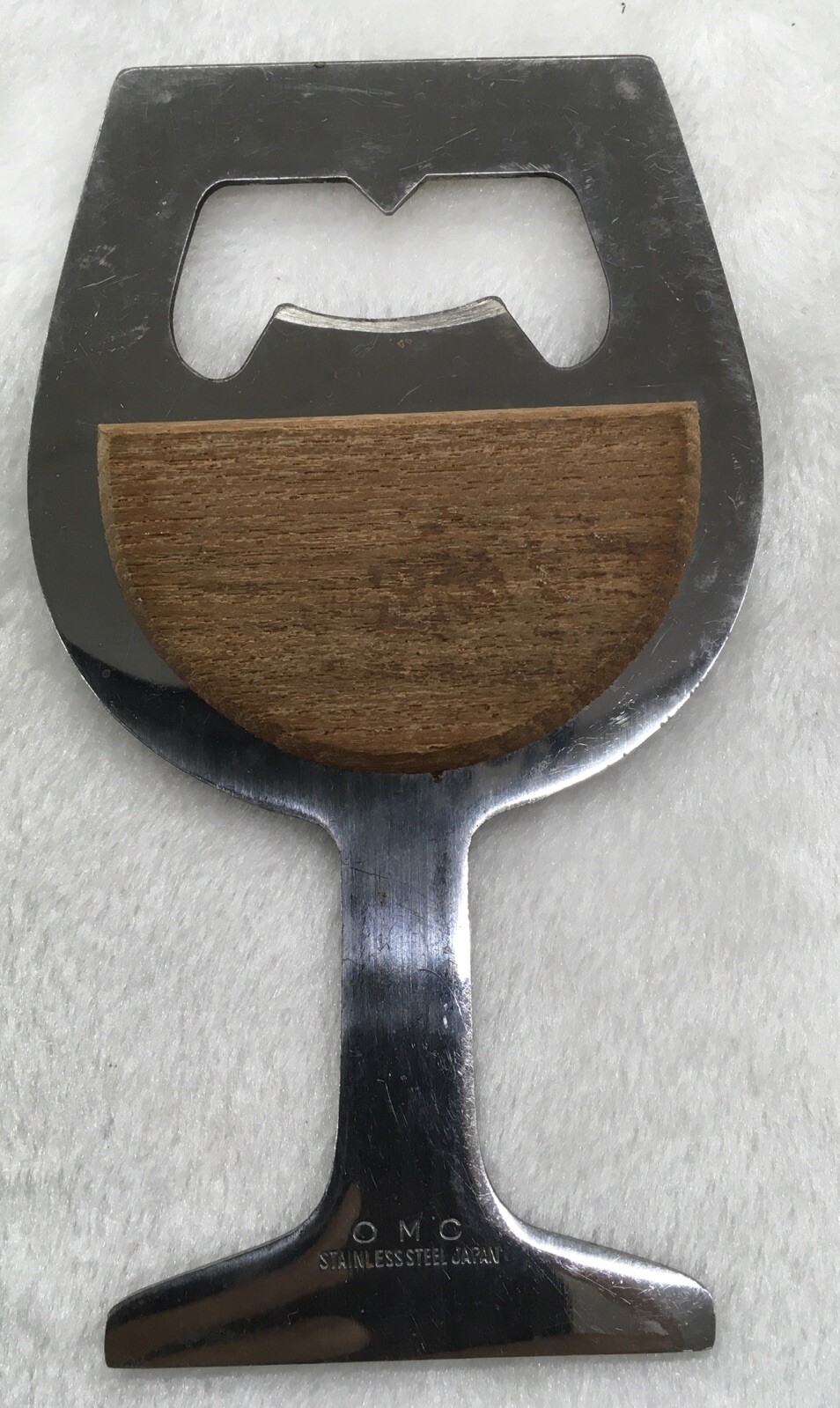 Vintage OMC Bottle Opener Japan Stainless Steel Teak Wood Wine Glass Shape