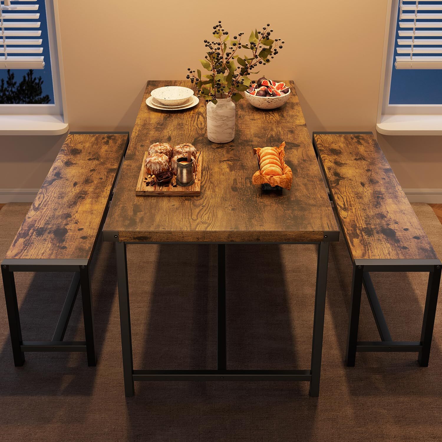 3 Piece Dining Table Set for 4 ,Rectangular Kitchen Table and 2 Benches Dinette