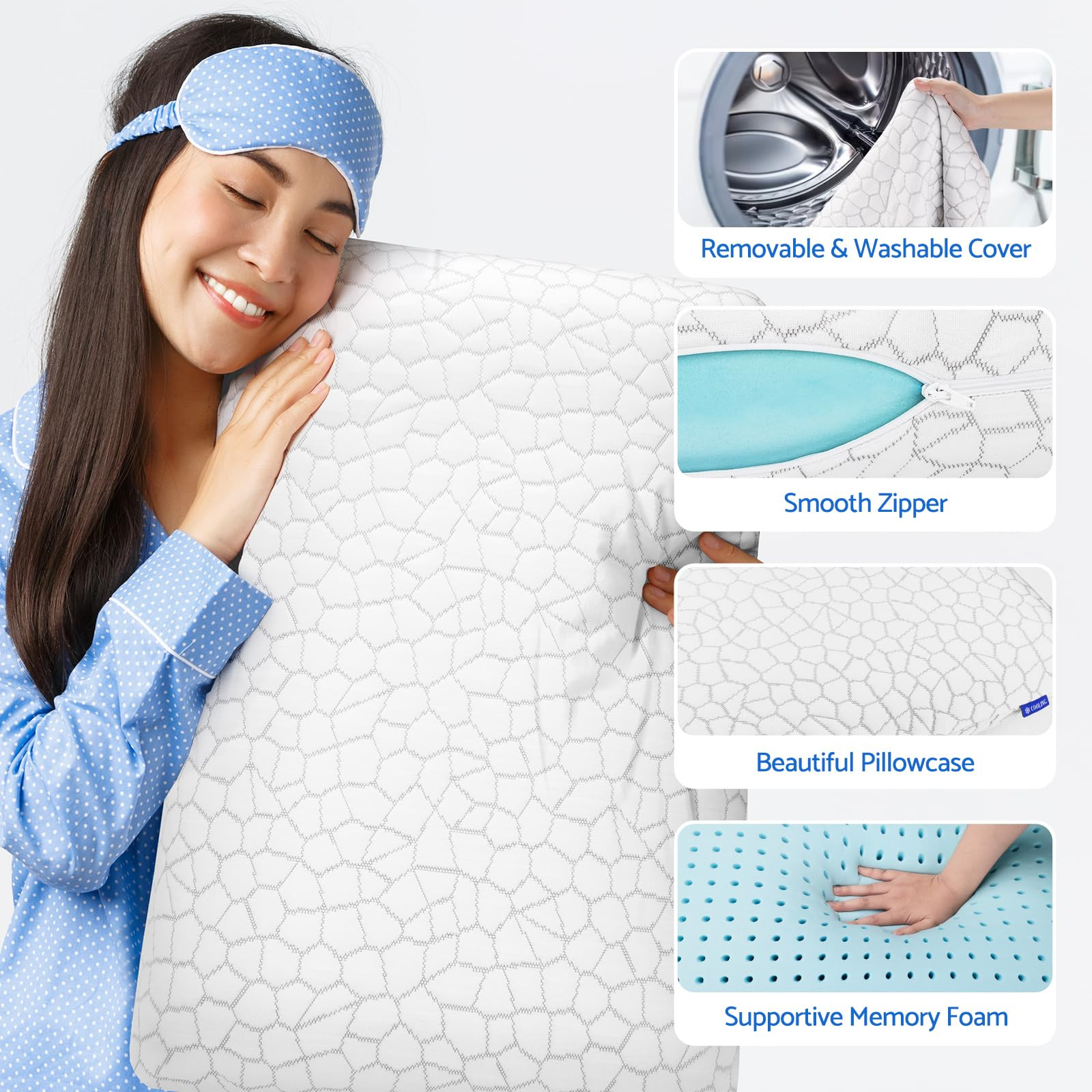 Memory Foam Pillows for Sleeping, Cooling Pillow with Removable and Machine W...