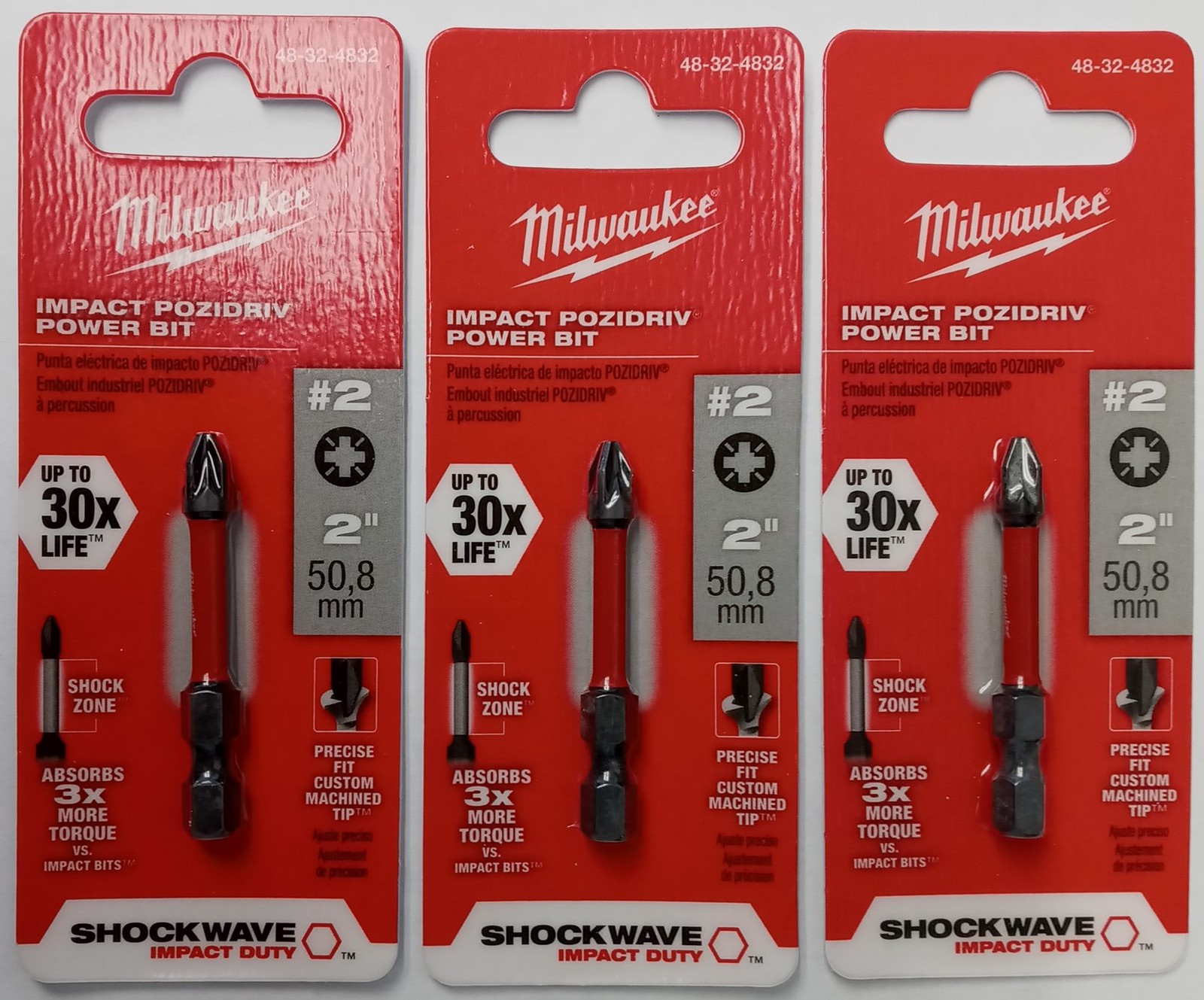 Milwaukee Impact #2 Pozidriv Power Bits Shockwave 3pcs 48-32-4832