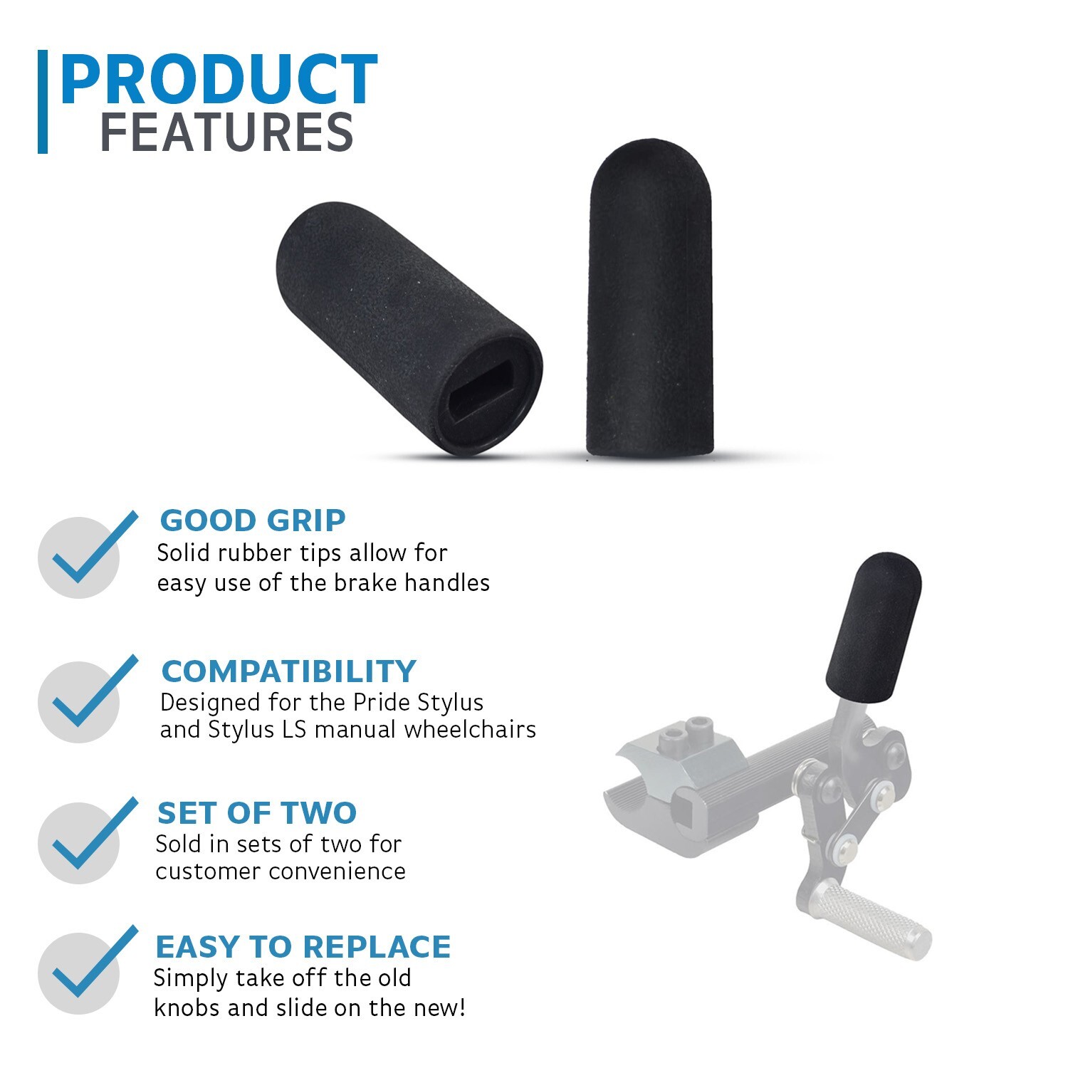 Rubber Brake Handle Tips for Pride Stylus & Stylus LS Folding Manual Wheelchairs