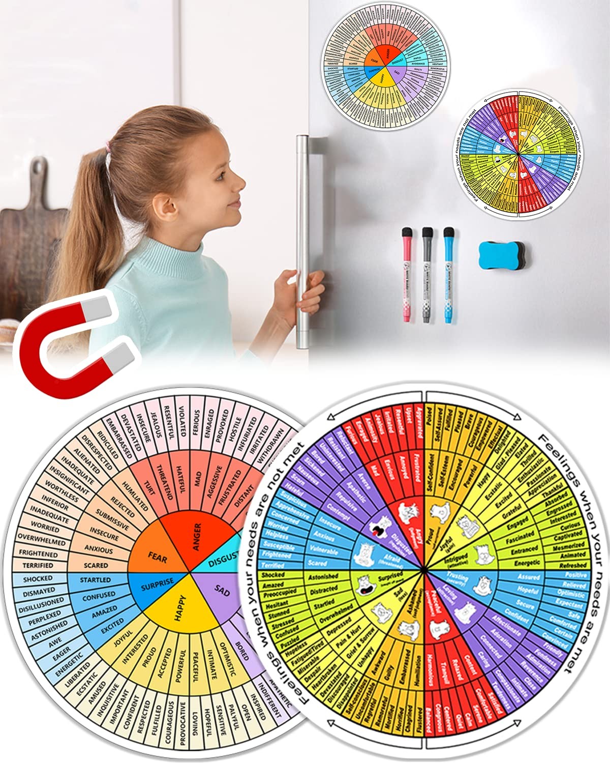 4 Pieces Feelings Wheel Magnet Fridge Large 7 inch, Magnetic 7inch, 7inch