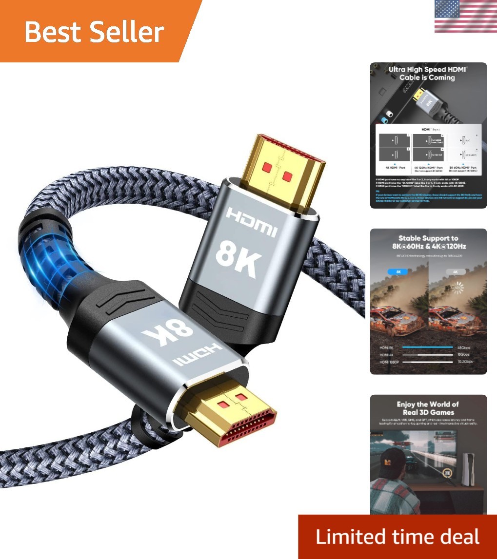 Ultra High Speed 8K HDMI Cable 8FT - 4K@120HZ Gaming Efficiency & Durability