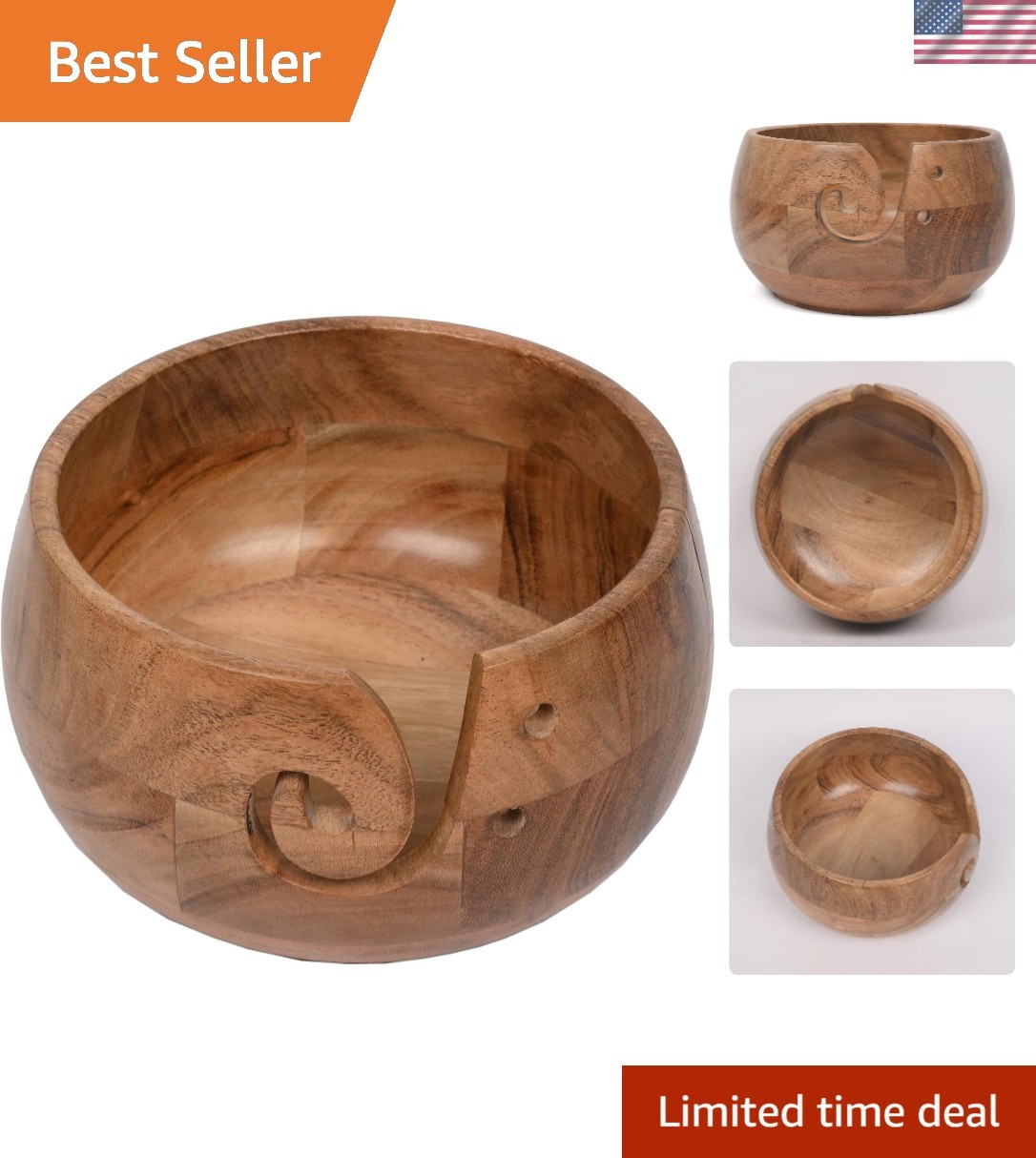 Acacia Wood Yarn Bowl Holder | Handmade Holder with Holes | Yarn/Wool/String ...
