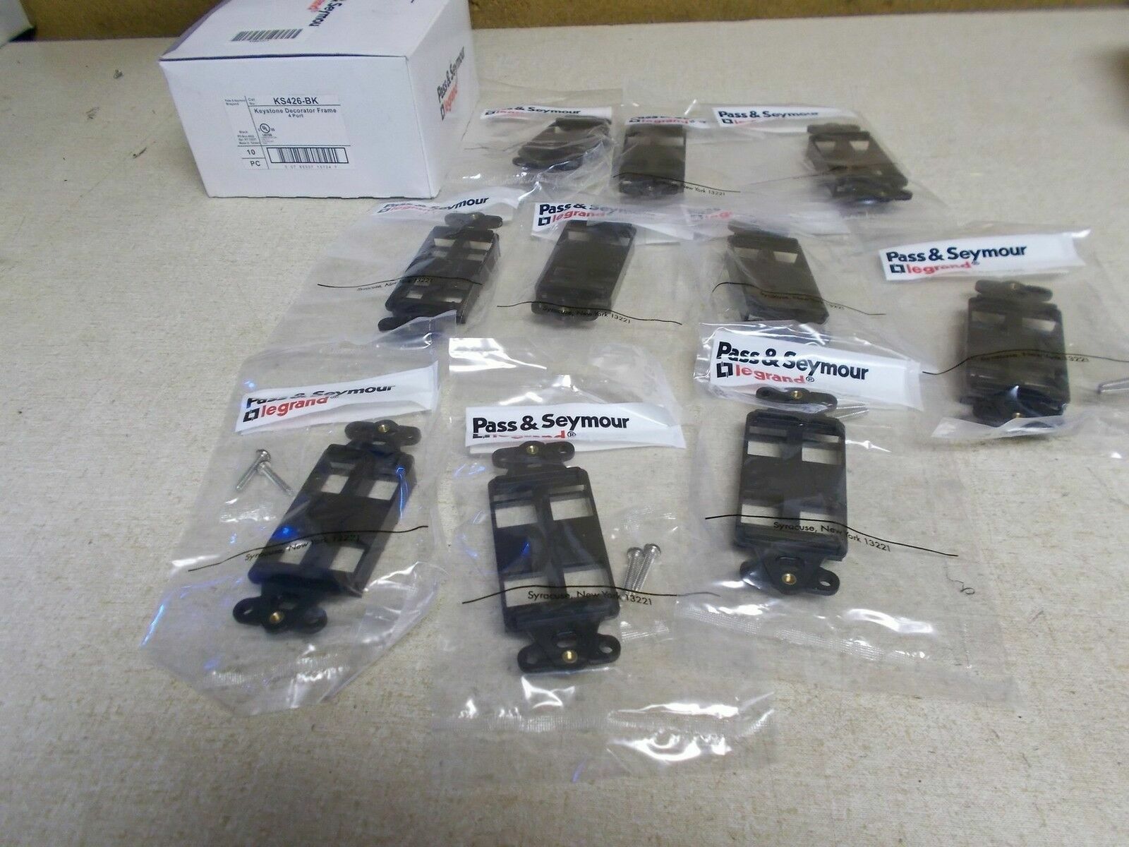 NEW Pass & Seymour KS426-BK 4-Port Frame, Black w/HdWE, Lot of 10 *FREE SHIP*