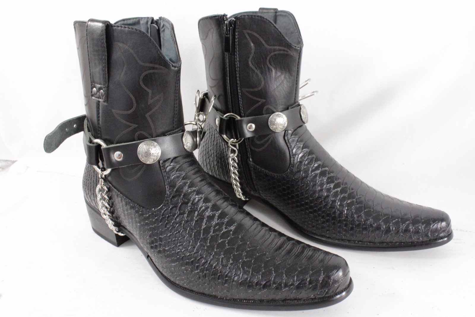 Men Native American Charm Boot Silver Chain 2 Black Straps Shoe Adjustable Fit