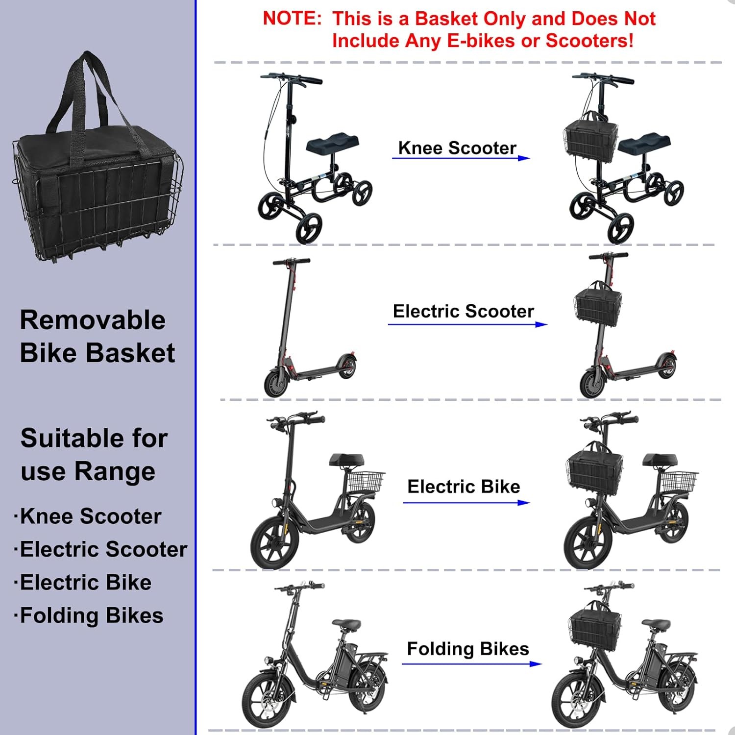 Knee Scooter Basket Accessory Quick Release Removable Cloth Storage Bag
