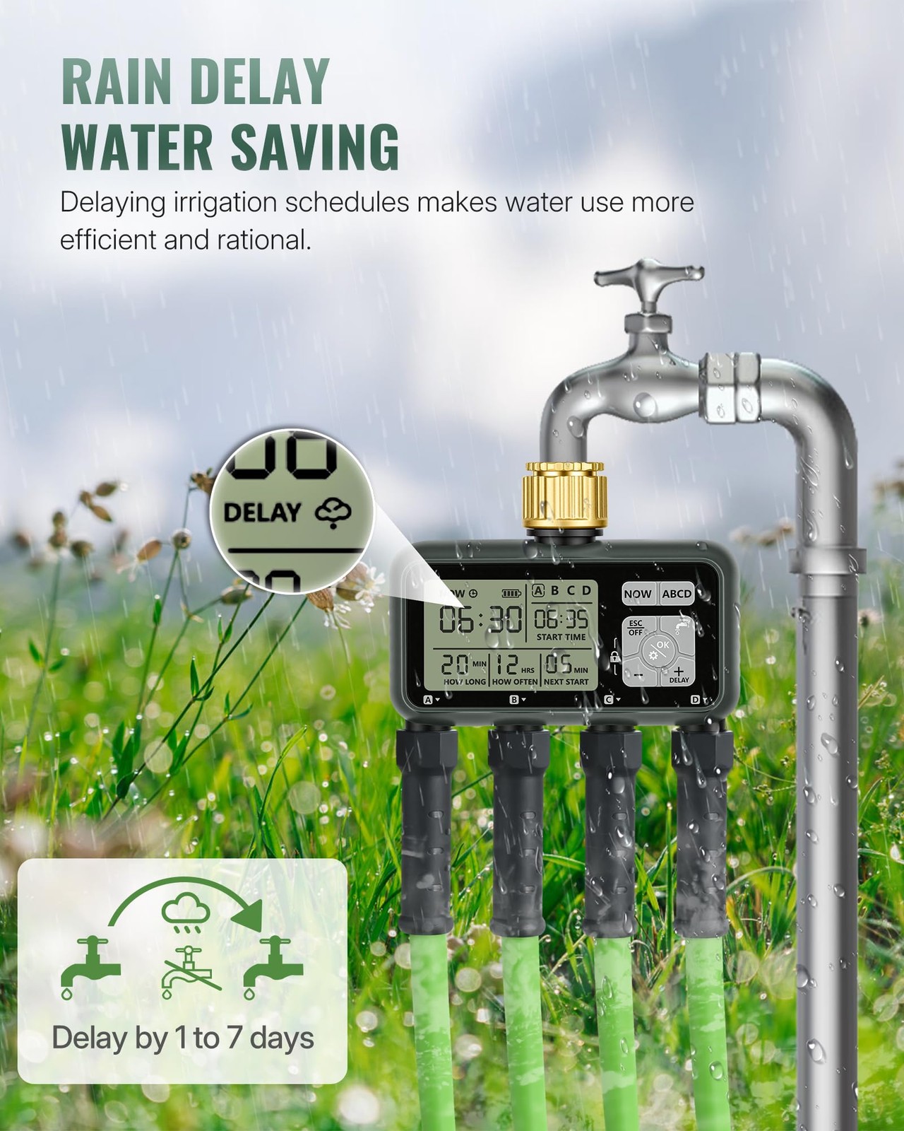 4 Zone Brass Sprinkler Timer Automatic Garden Irrigation System with Rain