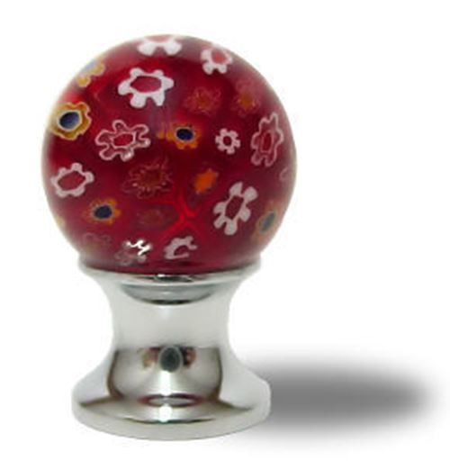 3/4" Millefiori Art Glass Knob Ruby Red with Flowers