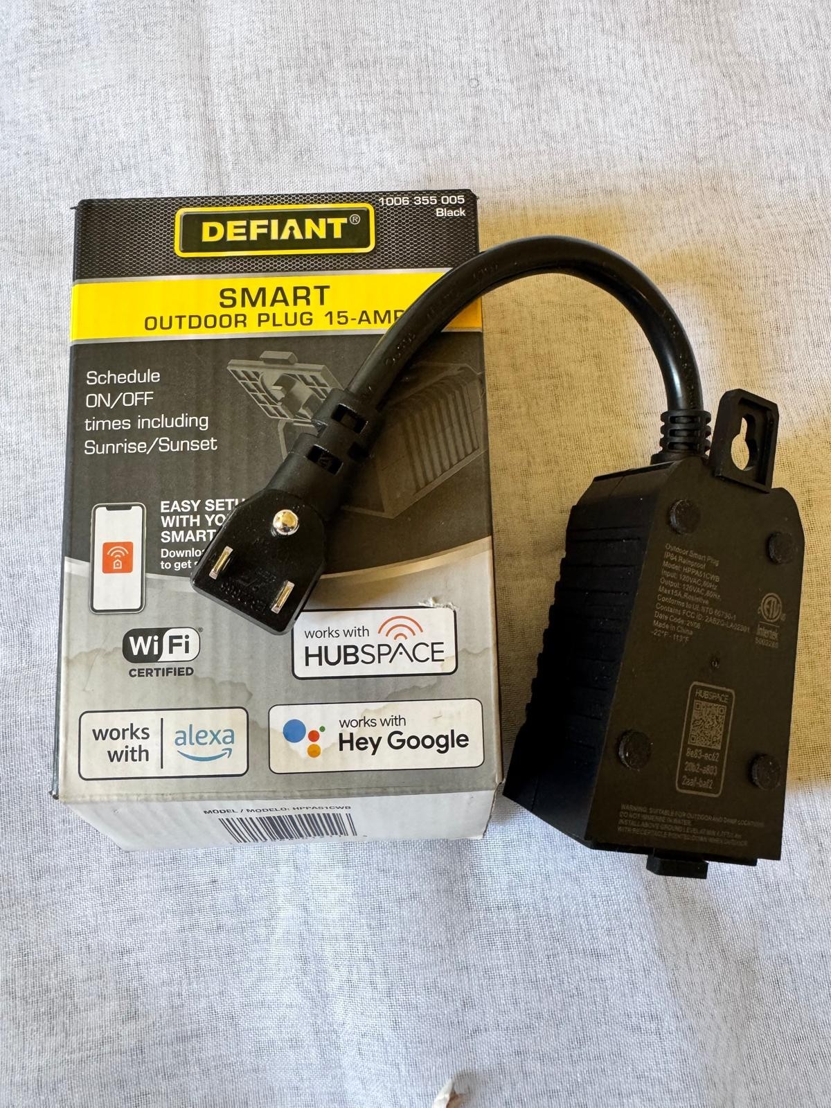 Defiant Smart Outdoor Plug 15A Wi-Fi Alexa Google Hubspace Waterproof Black