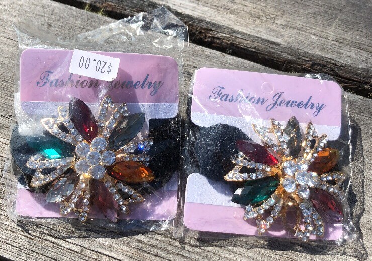 Jeweled Flower Black Elastic Hair Tie Scrunchies - Set of 2- Crystal Colors