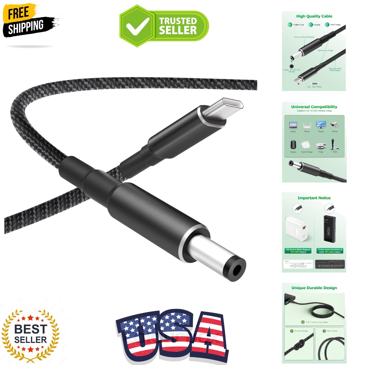 USB C to DC 5.5mm x 2.1mm 100W PD Power Cable 5.9FT Type C to DC Barrel Jack ...