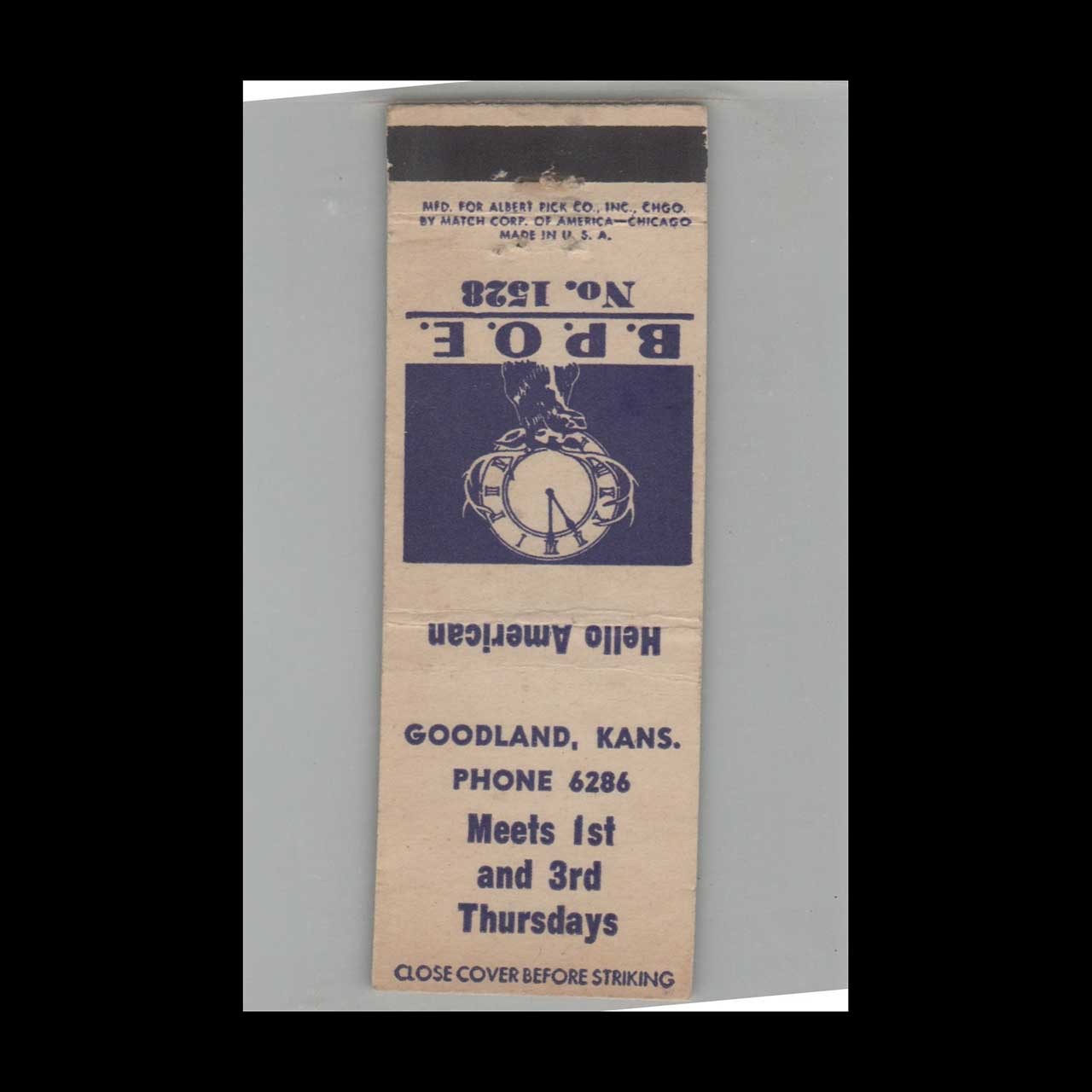 Matchbook Cover BPOE Elks Club 1528 Goodland KS