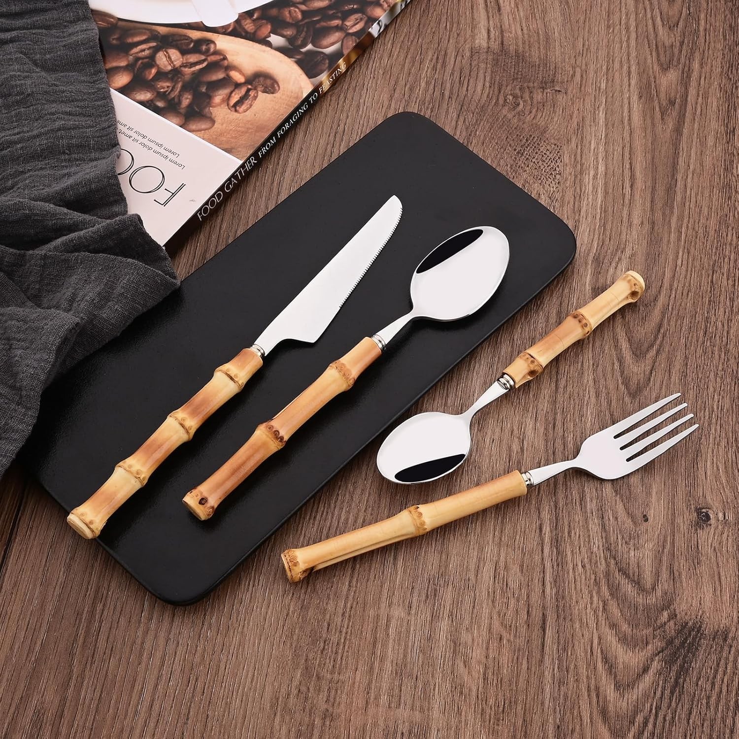 40PCS Silverware Set 10 Bamboo Handle Flatware Set Stainless Steel Cutlery Set
