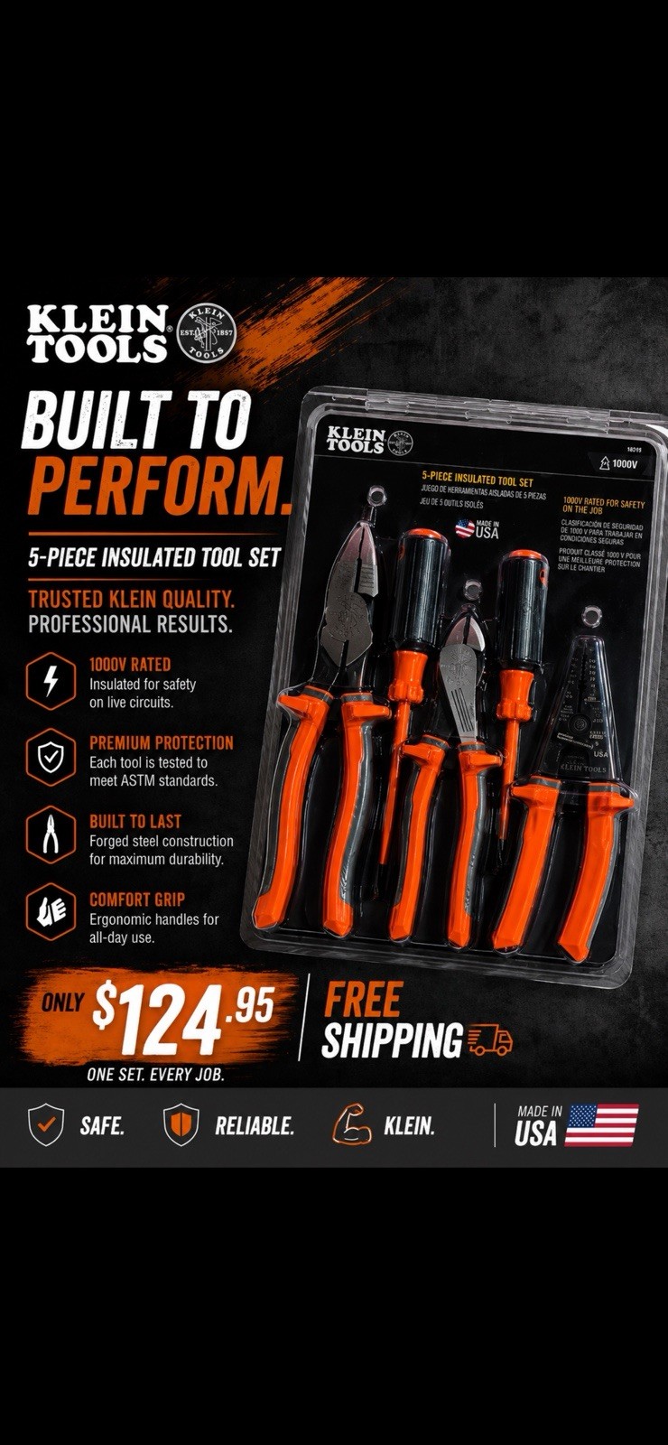 NEW Klein Tools 1000V 5-Piece Insulated Tool Kit Safety 9415R