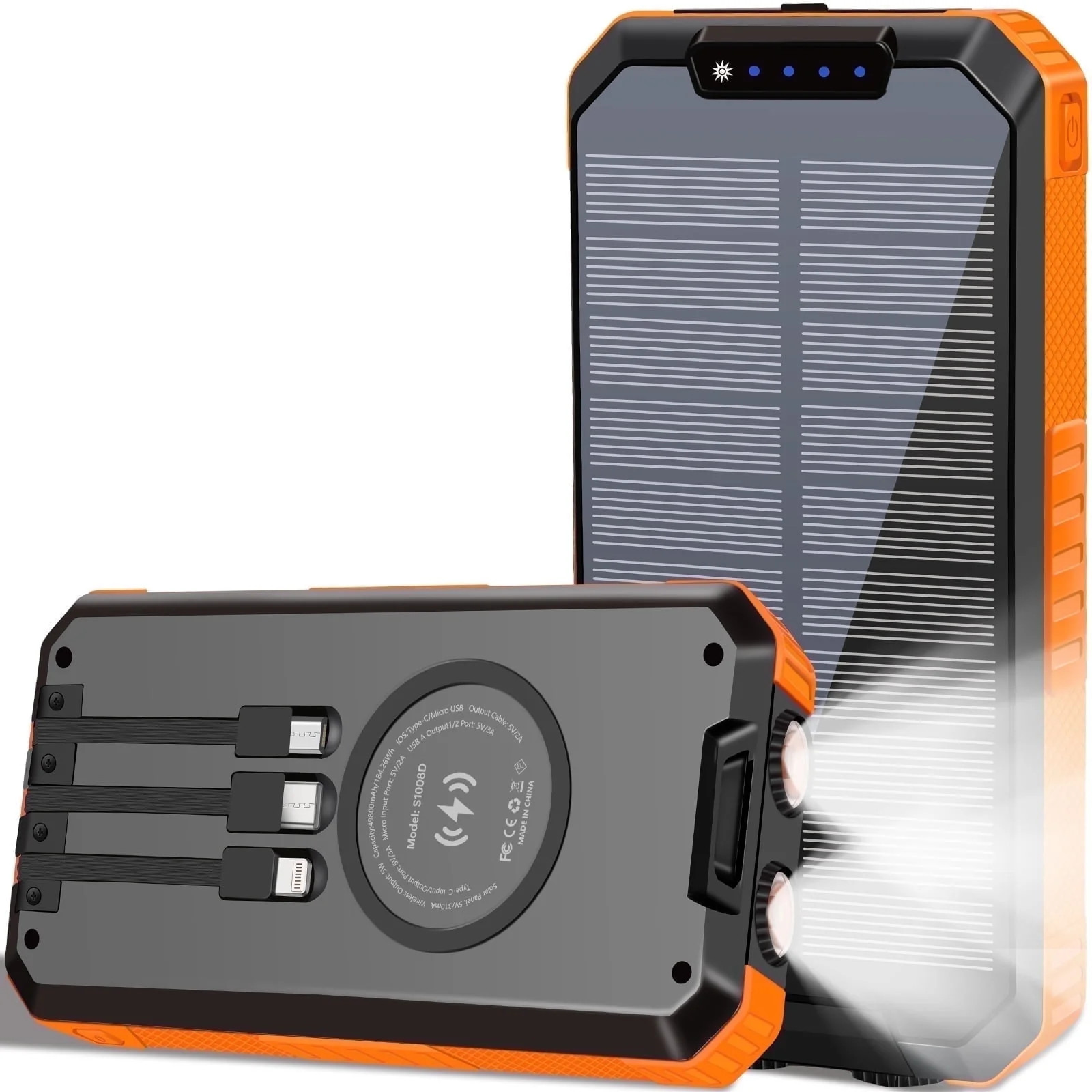 Solar Power Bank, 49800mAh Portable Charger with Built-In 3 Charging Cab