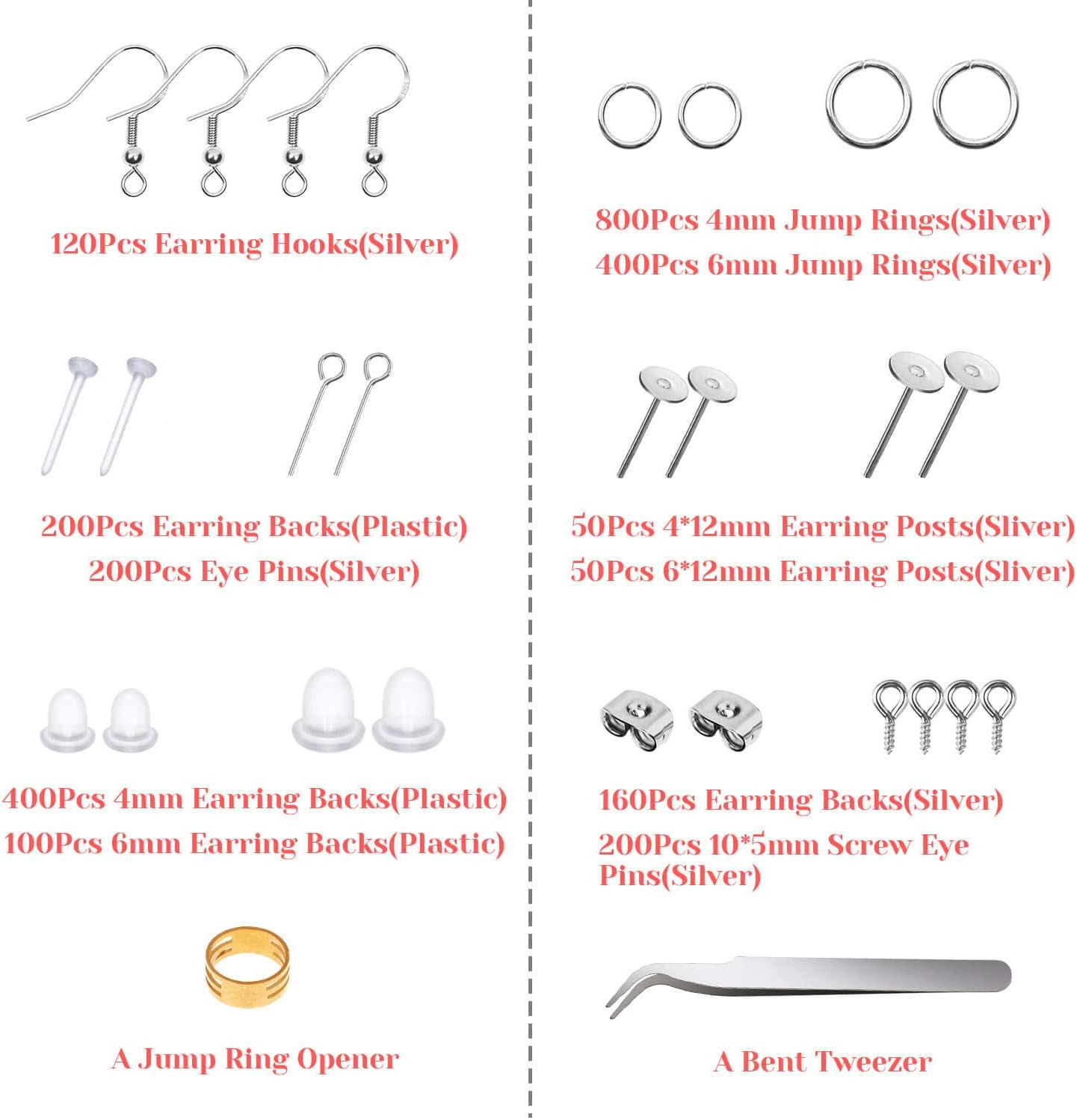 Thrilez 3080Pcs Earring Supplies Kit - Includes Hooks, Backs, Rings, Pins, Posts